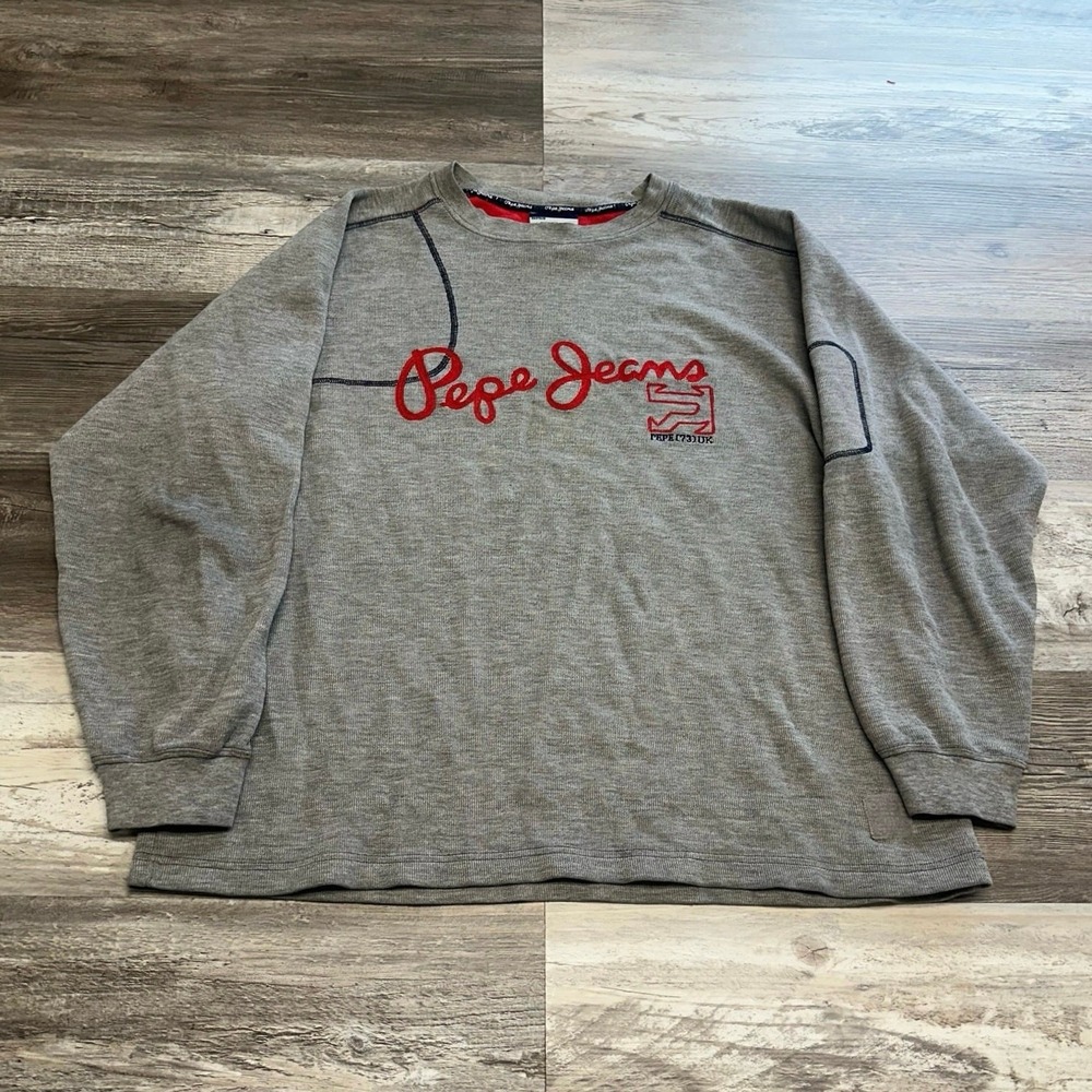 Vintage Y2K Pepe Jeans Gray Red Mens M Embroidered‎ Logo Oversized Sweatshirt